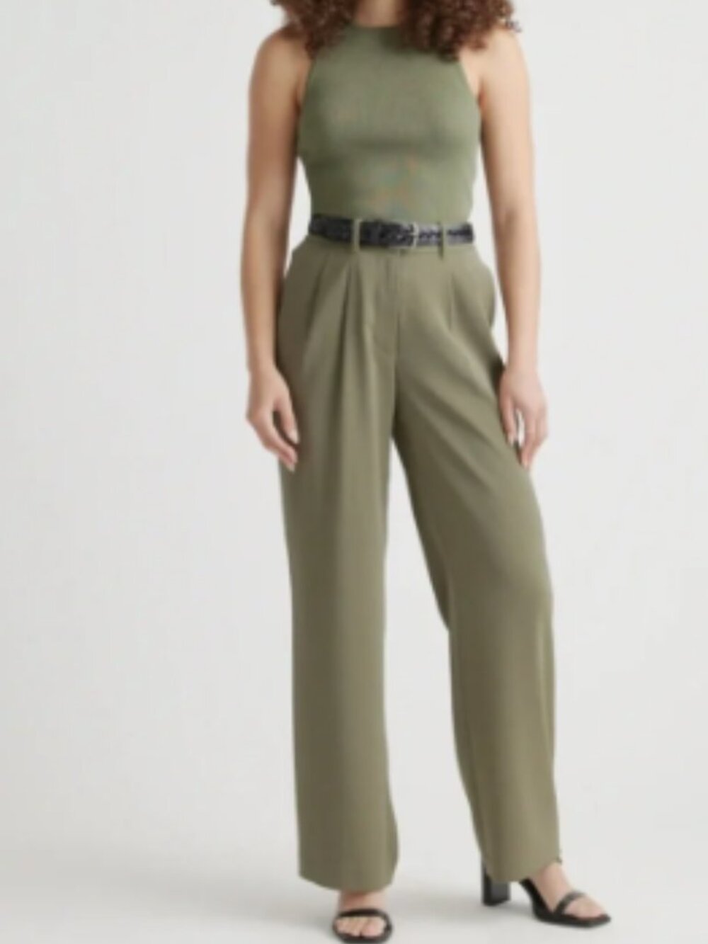 Quince Stretch Crepe Pleated Wide Leg Pants Trousers Olive Green Size 4